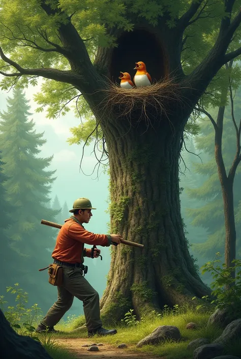 A man cut a tree having nest in its branch