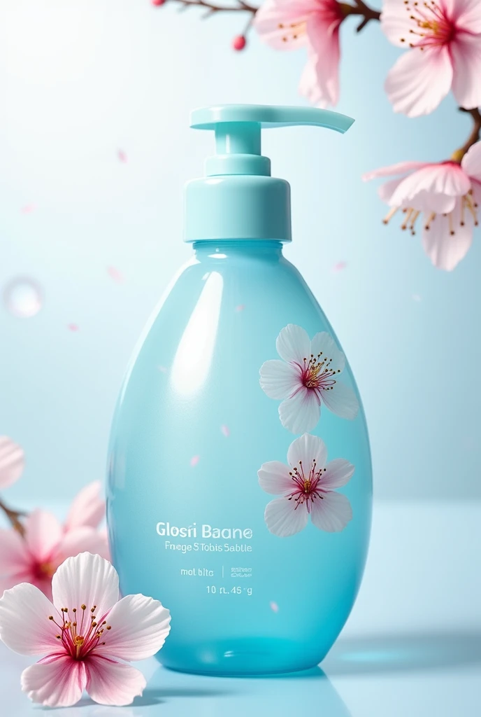 Handwash bottle 250ml, with name of soft touch company, aqua blue colour,  with transparent bottle ,with cherry blossom
 flowers on bottle , with logo