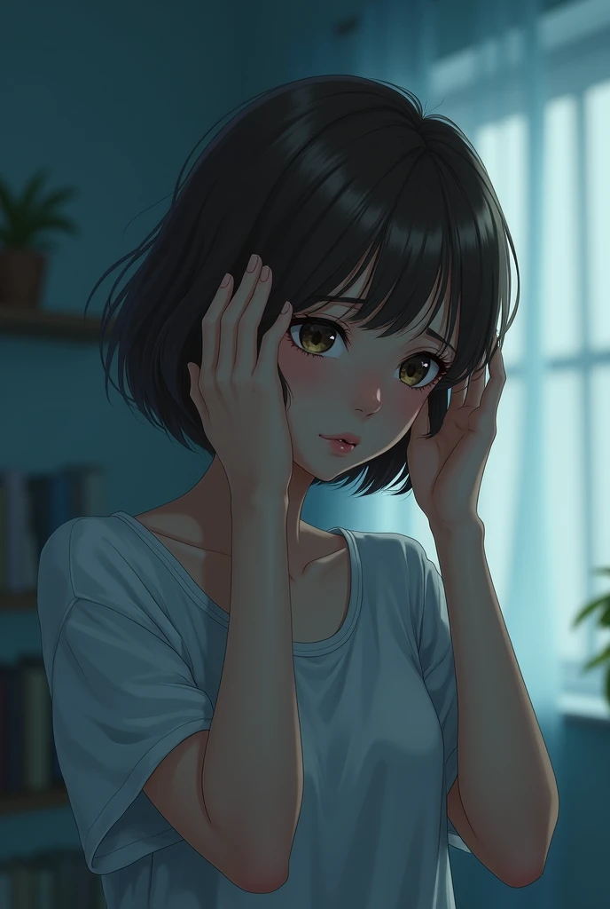 Short haired woman, brown hair, both ears covered by both hands, sad face, family room background/soft blue room.