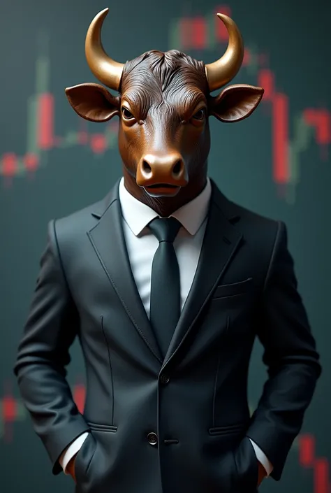 Stock market real proper face bull wearing suit full size with graph background