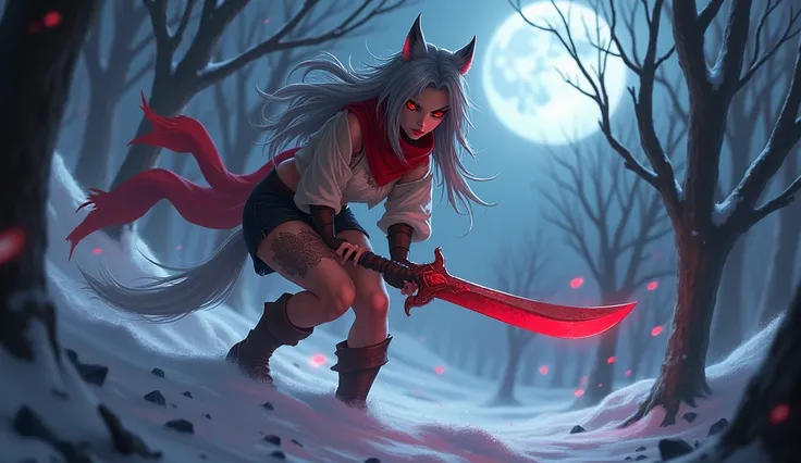 League of Legends Game art cool Pose character, 1 female Long gray hair,wolf ears red eyes, sharp face,Wear a worn-out red scarf. Wear a white long-sleeved off-the-shoulder shirt. black shorts brown boots.Crazy expression holding a pair of ancient red dagg...