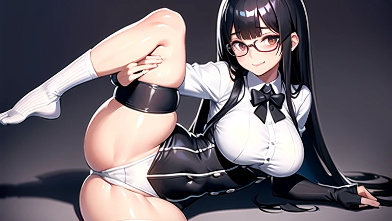 Highest image quality, outstanding details, ultra-high resolution, the best illustration, favor details, highly condensed 1girl, with a delicate and beautiful face wearing black glasses, dressed in a tight white button up with a tight short black cardigan ...