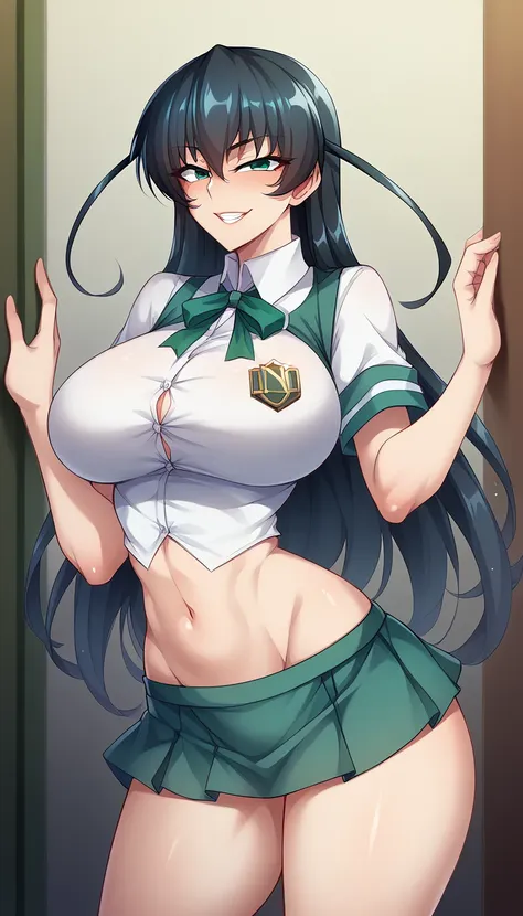 igawa asagi、black hair、long hair、green eyes、super huge breasts、、、smile、high school student、narrow waist、open-chested、belly butto...