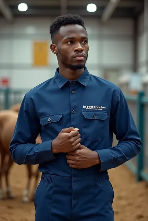 Un homme entrain d’enfiler son kit ( le haut) d’éleveurs de couleur bleue floqués a l’arrière le "le zootechnicien "sur le dos , dans une ferme moderne bien représentée sur l’image . Il doit être africain ayant  21 ans 