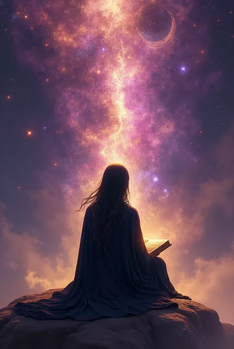 Generate a back veiw of a sufi women reading a book in space filled with cosmos
Try to male the pic metaphysical 
Try to include colours black, golden, pink, purple colours, and