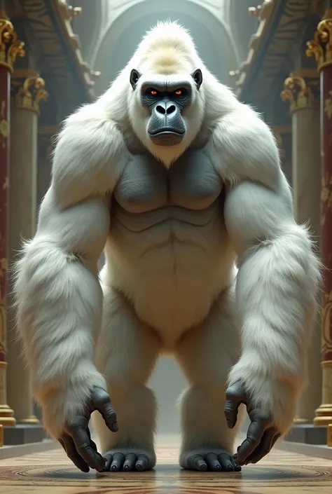 One white gorilla with longer hair in a building 
