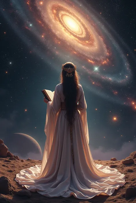 Generate a back veiw of a sufi women with a robe reading a book in space filled with cosmos
Try to male the pic metaphysical 
Try to include colours black, golden, pink, purple colours, and