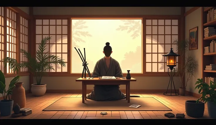 Create a lo-fi style room for a samurai. The room should have warm, muted tones and a cozy, atmospheric feel. Include large windows with wooden frames, through which a soft, warm light filters in. The room should have a wooden floor with a textured, slight...