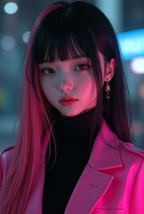 A girl with straight long hair and bangs with split pink and black hair and wearing turtle neck black sweater with pink jacket.