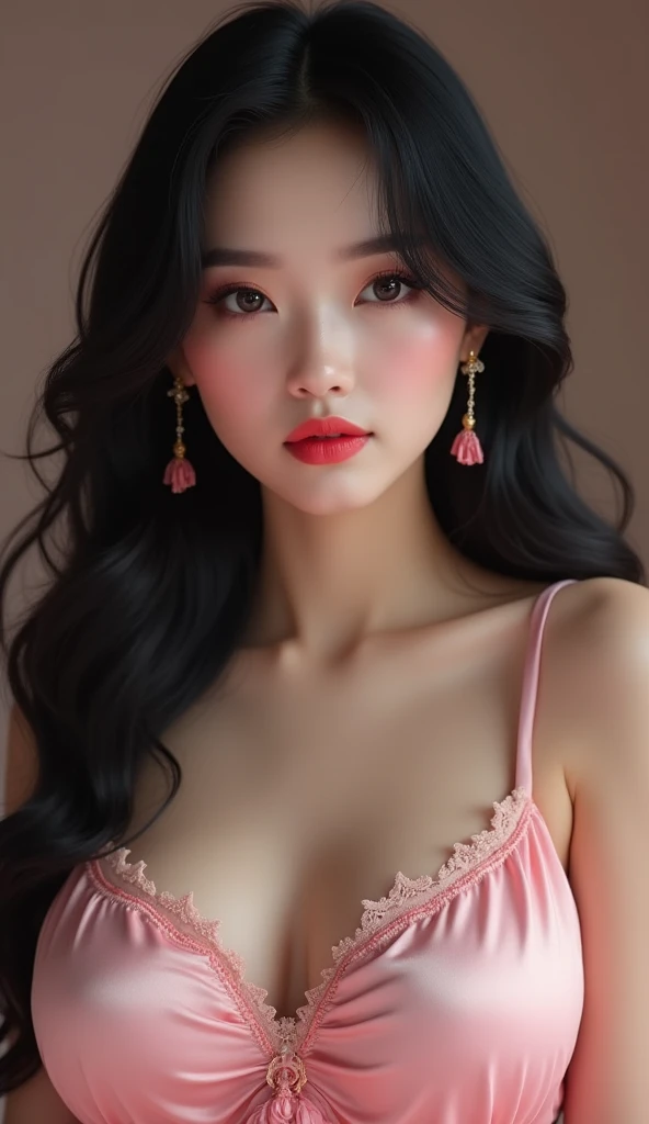 1 Beautiful Chinese women use pink lips cream, pink dark nail polish, pink night gown, long curly black hair, huge breasts, hyperrealistic photo, very detailed fingers, very detailed lips, very detailed eyes, high resolution, 16K, HDR