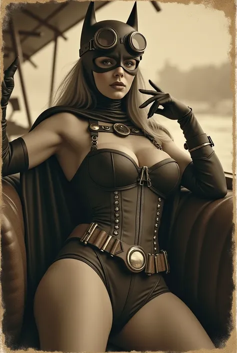 a steampunk version of dc comics Batgirl in a sepia polaroid frame, wearing aviation goggles and a formal steampunk corset with stockings, swaggerly lounging on an airship with a sly, arrogant, proud and bad-mannered attitude, (best quality,4k,8k,highres,m...