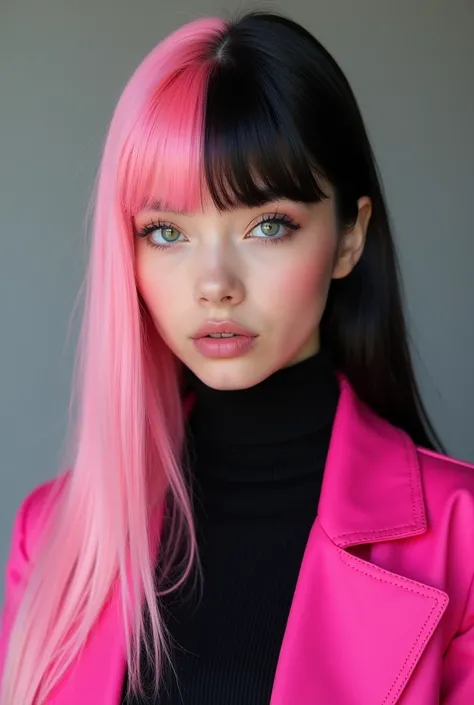 A American girl with straight long hair and bangs with split pink and black hair and wearing turtle neck black sweater with pink jacket.