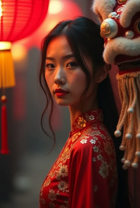 
claseup shot of A young Asian woman with long dark hair stands gracefully dressed in a red gold Chinese traditional, closeup shot, background is darkroom, blurry foreground, red Chinese lanterns foreground, and a large, detailed lion