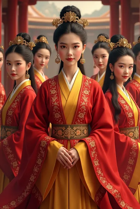 make a kingdom with several servants, all white, Asian or Latina, with straight or wavy hair, each one with a style, but with traditional clothes from the kingdom (predominant red and yellow)