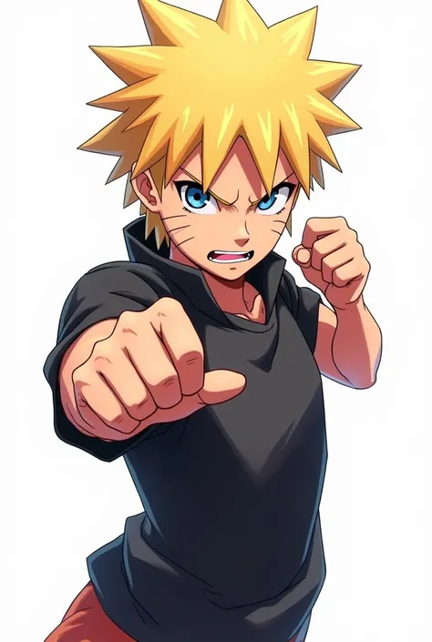  Create an image on a white background of a 10-ring blond like Naruto .wearing a basic black shirt. Rm lisicao de wombate