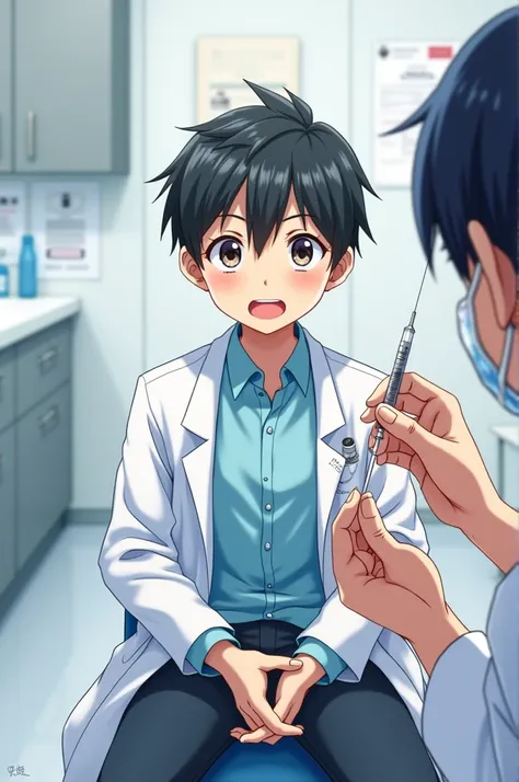 An anime guy sits afraid of the doctor, smiling with a needle in the doctors hand 