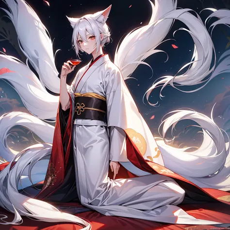 (Male) white nine-tailed fox (humanoid)(Slim body)(Nine-tailed fox tail)(Wears a faceless White Kitsune mask)(White kimono hakama)(Black kimono cloak) (wearing black palanquin)(at a summer festival) สวมหน้ากาก White Kitsune โดยปิดหน้าทั้งหน้า และสวมผ้าคลุม...