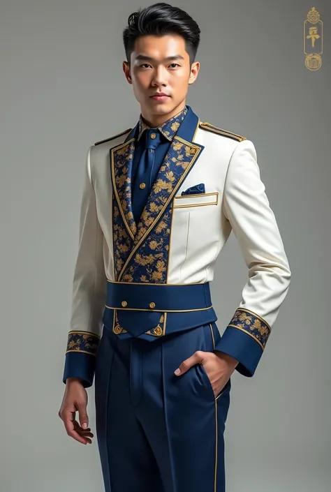 Create an image of a cruise ship staff uniform from SWUTK Cruises Company, Asian region pattern, white, blue, gold, male