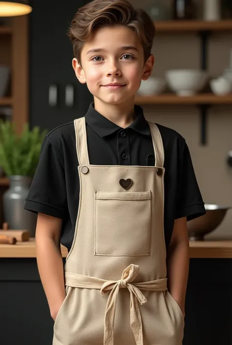 a boy wearing a black polo shirt match with black slacks and on top of the shirt a beige knitted apron 