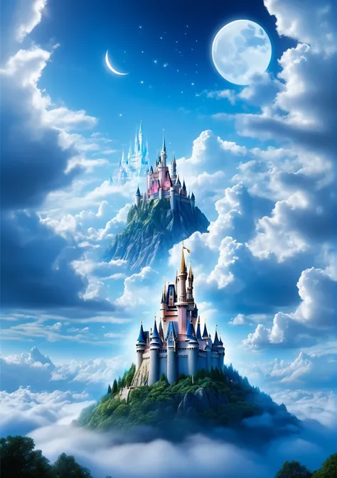 Cinderella Castle in the Sky、Floating in the air、Long road to the castle、Above the Clouds、moonlight、beautiful、Fantasy art, Photorealistic、realism、Cinema Lighting