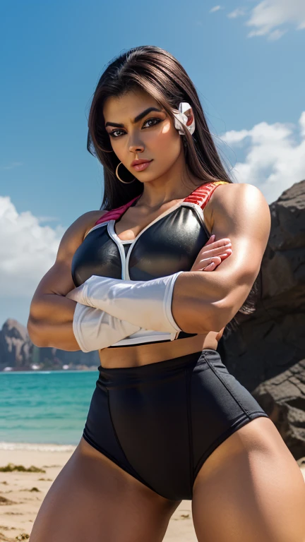 1girl, A brunette girl with muscular body and arms, six pack abs,folded arms stance, muscular legs, thick eyebrows, thick eyeliner, raising right eyebrow, eyelashes , lip filler, eyelashes, thick eyeliner, thick eyebrows, lip filler, eyelashes, toriyama ak...