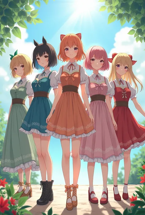 ((5 Cottagecore outfits)), ((anime style)), ((different styles)), ((different colors)), ((clear)), ((high quality)), ((full image))