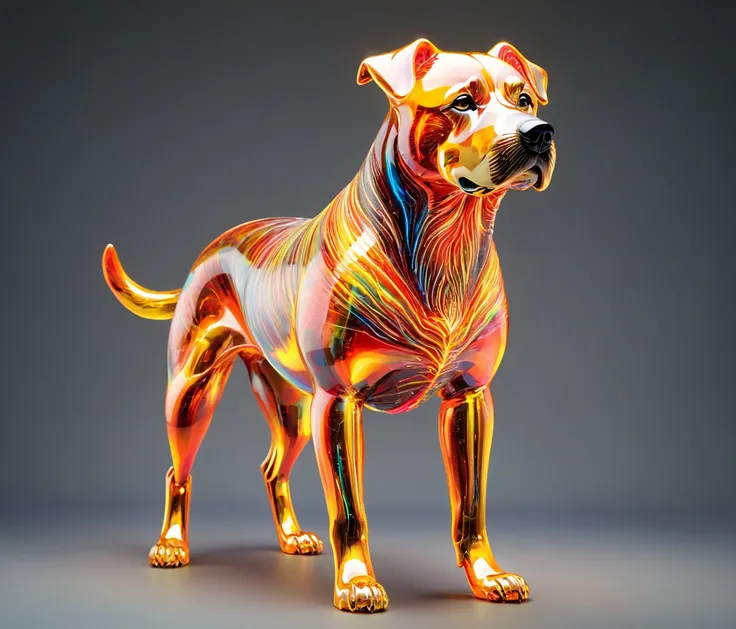 (cute, chubby, male, beige big dog), novuschroma70 style, sparks, transparent glass sculpture, vibrant colors, hires textures, highly detailed, intricate details, best quality, photorealism, masterpiece, glowing, warm light, (((grey background))), detailxl