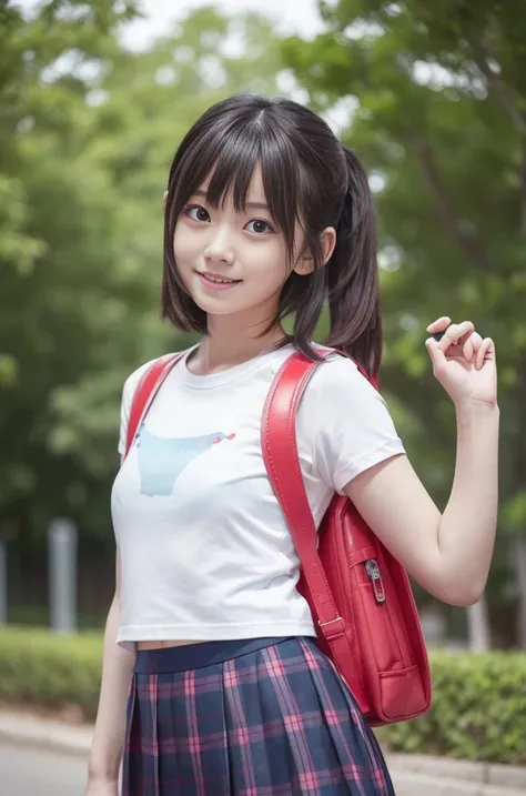 (8k),(masterpiece),(Japanese),( girl),((Innocent look)),((Childish)),from the front,smile,cute,Innocent,Kind eyes,Plain T-shirt,Short sleeve,Blue checked short skirt,(Carrying a red backpack),Straight Hair,Hair blowing in the wind,Black Hair,Somewhat stron...