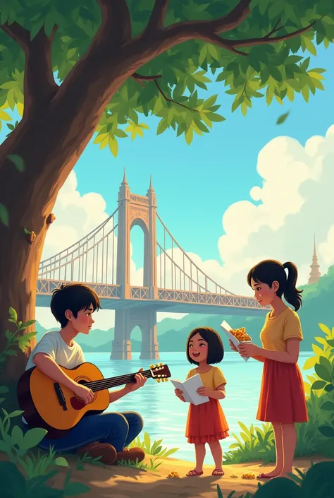 
[Major Topics]
✨ Bridge of Dreams ✨
[Main Image]
Picture of Phi Athit sitting and playing the guitar under a tree, Nong Fah standing holding a paper and reading a short story with confidence, Nong Jib is a smiling woman beside him with snacks. In the back...