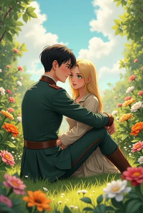 Thus, um casal, in the middle of a huge garden, sitting on the grass, There are all types of existing flowers there, the woman is wearing a soldier&#39;s uniform that they use in war, and the commander with a commander&#39;s uniform that they use in war, t...