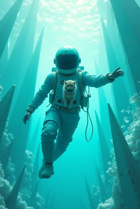 Sharp, transparent mineral crystals rise above the vast ocean.. A man wearing a bright turquoise spacesuit and space helmet with a very strong luster and a cat wearing a turquoise beaded necklace are swimming on the mineral crystals..