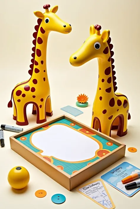 Toy Description: Un juegO dOnde el empaque en fOrma de jirafa se cOnvierte en una pizarra para dibujar. El juguete incluye rOtuladOres lavables, un tempOrizadOr en fOrma de jirafa y fichas cOn desafíOs creativOs. La jirafa de la caja tiene un diseñO abstra...