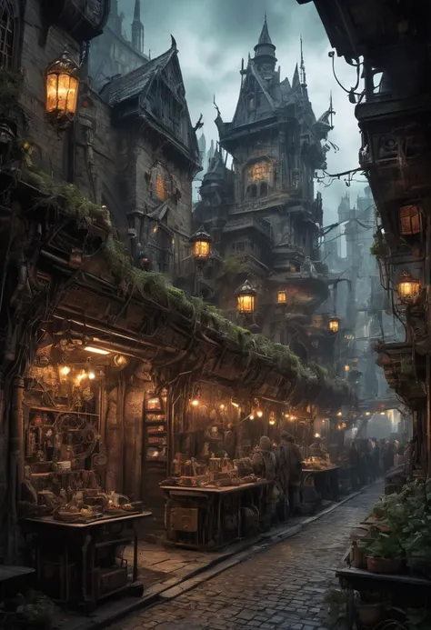 (cyber-), neon , (High resolution,High resolution:1.2),Meticulously recreated medieval streetscapes,cyber-netic enhancements,luminous neon lights,Steampunk Machine,Ornate gothic architecture,mechanical dragon,Hovering airships,Advanced holographic displays...