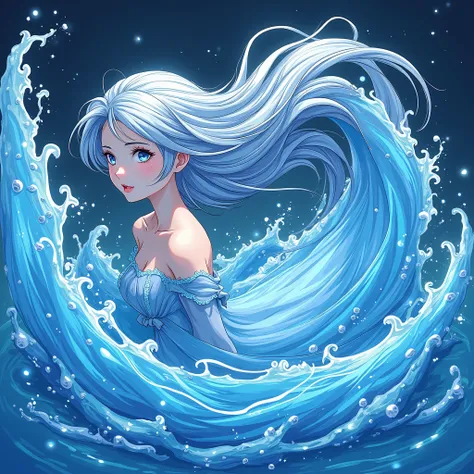 Imagine a vibrant anime-style typography poster blending the ethereal beauty of Undine with the dynamic flow of the Seaart logo, visualized as running water. The Seaart logo takes on a fluid, anime-like aesthetic, with bold, exaggerated strokes that curl a...