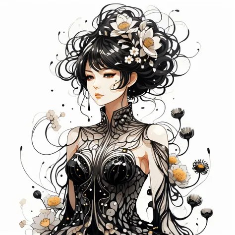 anime art style, a woman in a dress made of ferrofluid threads and flowers, white background, waist up shot
 