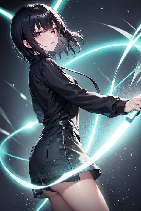 One girl, Black Hair, Short Hair、Fukasaku Kurehito Black Clothes　Dark background　Neon Light