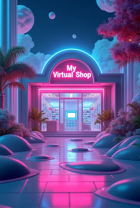 I want an image for a virtual store page called “My Virtual Shop” that is eye-catching with colors and highlights virtuality