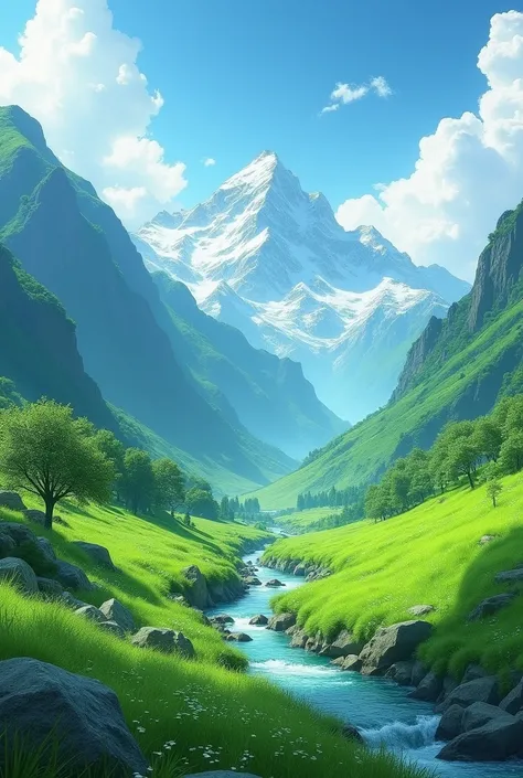 a beautiful landscape, green mountains with fresh grass and the feeling of a light breeze, between the mountains a beautiful river flows peacefully, in the background extremely high mountains with snow on top, (masterpiece), (ultra realistic), hyper realis...