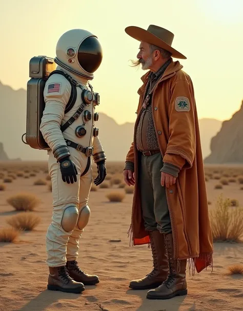 an astronaut and an 80-year-old man dressed as a bandit from northeastern Brazil, in a dry landscape