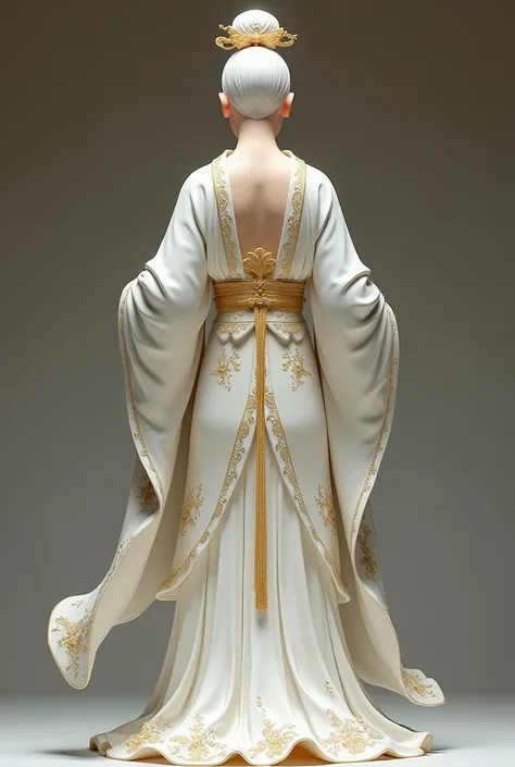 Chinese god of tailoring and fabrics dressed in white robes with gold accents, young, no beard, back view, statue