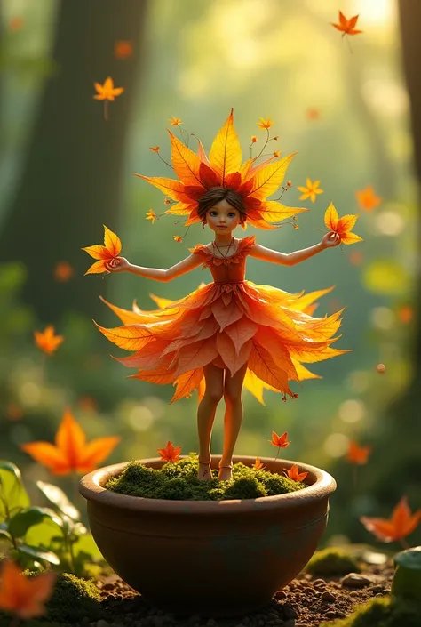 A whimsical miniature figure composed of delicately ranged autumn leaves, poised in a carefree dance on the rim of a weathered, moss-covered terracotta pot, set against a lush, vibrant forest backdrop, where dappled sunlight filters through the canopy abov...