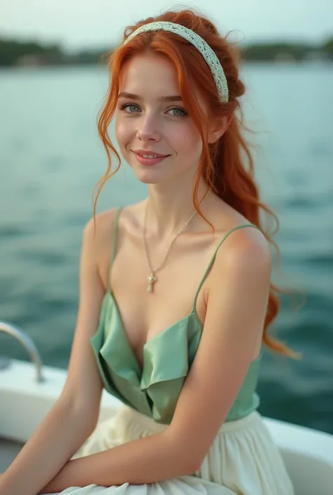 Realistic photo of the whole body of a young german red-haired woman aged 23 with a ponytail, Satin-Haarband, beautiful smile and ready to kiss, Beautiful necklace, She smiles happily into the camera in a tight Spaghettistraps top light green shiny Satin a...