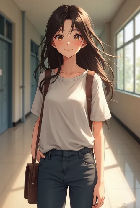 make a brunette with black hair and light brown eyes, in pants and a loose t-shirt, full body in a school