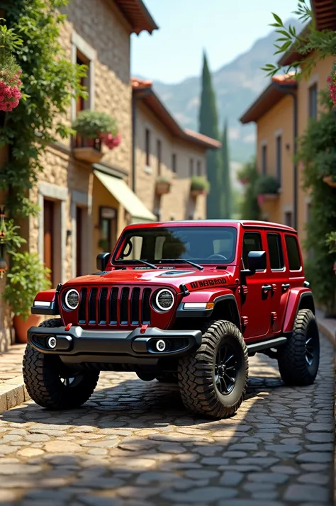 Rubicon dark red car within a village 