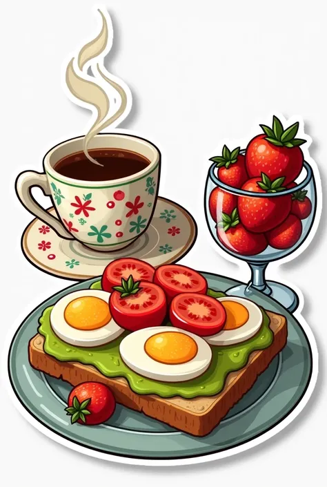 sticker with title" breakfast "

TWO slices of whole wheat bread covered with avocado cream on the two slices of whole wheat bread shown with two slices of tomato on top two hard-boiled eggs NOT FRIED. LIKE SHAWICH TYPE. On a glass plate place the 8 strawb...