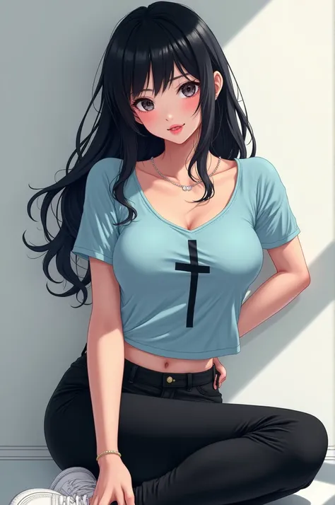 Anime sexy girl big boobs black hair light blue t-shirt black pant white sneakers  a cross mark in boob