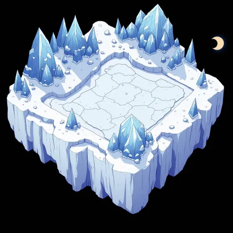 Close-up of a stylized isometric image of a Ice mystical element floating island with ice pillars on the sides, with transparent background, ice symbolism, conceptual design art, concept art, ice element floating island.