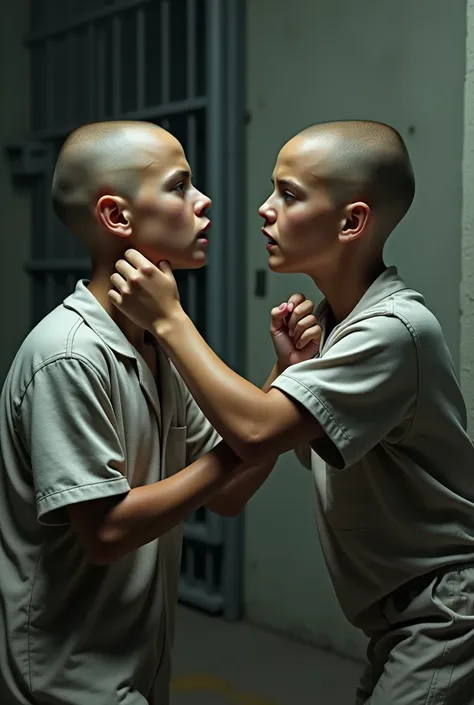 A bald youth wearing a prison uniform aged 16 holding another bald youth wearing a prison uniform aged 16 by the neck 