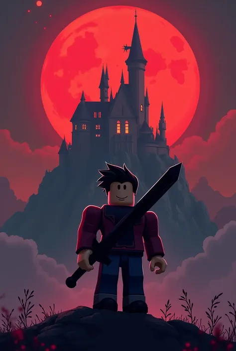 Roblox character drawing with a black sword on his back and behind him a castle and a red moon
