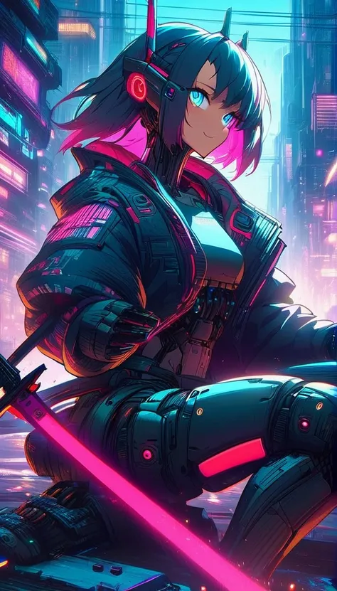 sit on the ground、a red and black demon holding two swords in front of him, very beautiful cyberpunk samurai, cyberpunk samurai,...